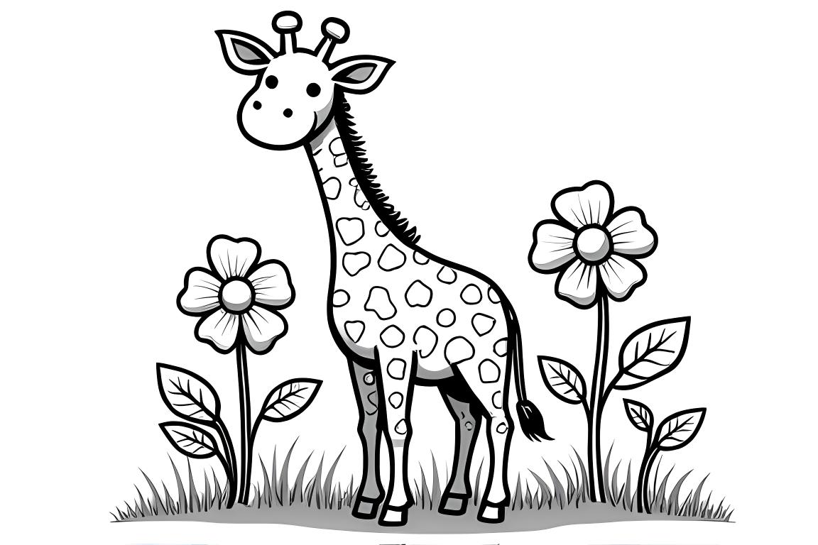 Ilustração simples de coloração infantil de uma girafa feliz em um jardim com grandes flores, ideal para crianças pequenas