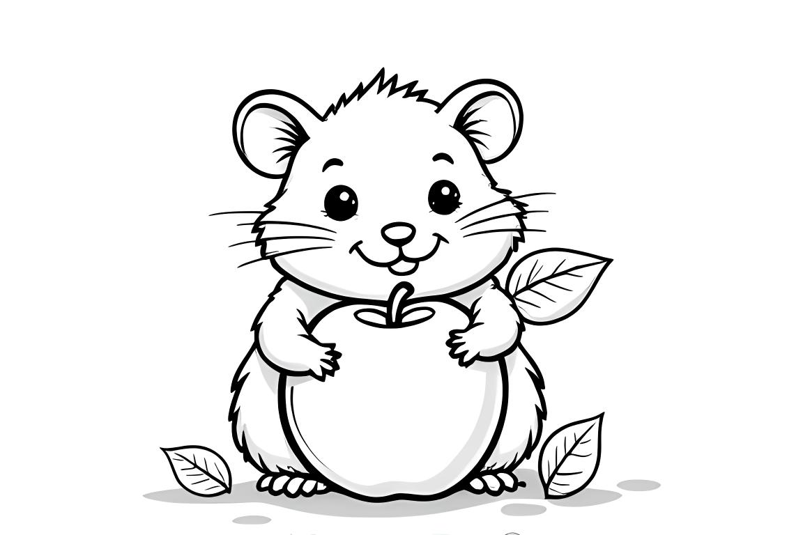 Página simple para colorear de un lindo hámster sosteniendo una gran manzana, perfecta para niños pequeños