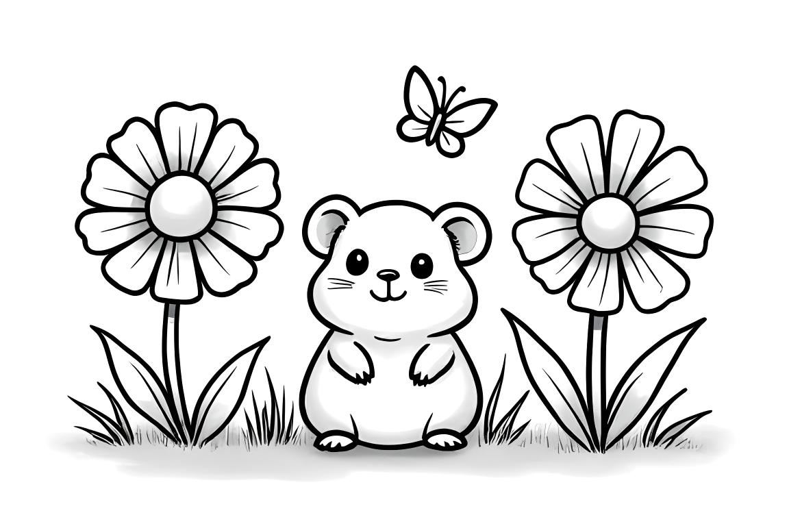 Página de colorir simples de uma garotinha de um hamster fofo em um jardim de flores para crianças pequenas