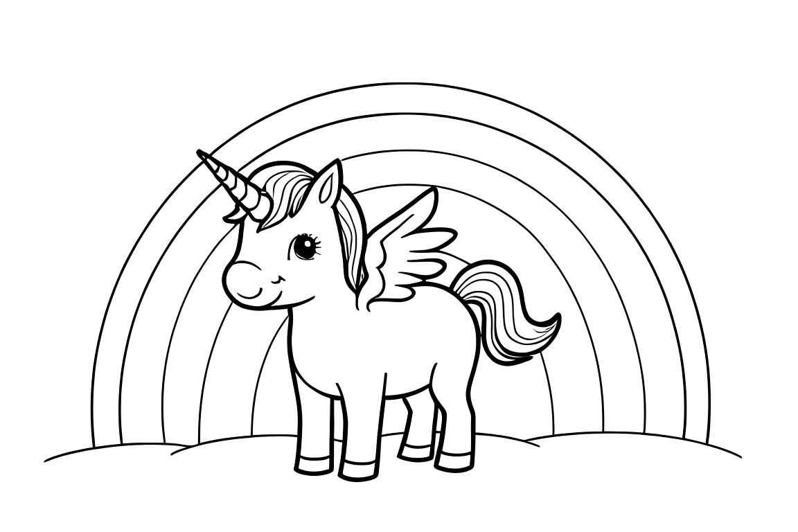 Simple children's coloring book illustration of a cute alicorn with rainbow, perfect for 3 year old toddlers