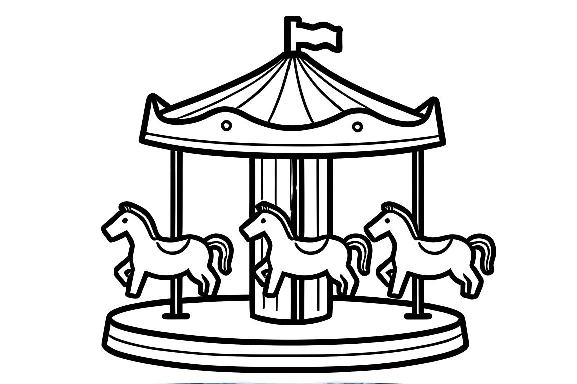 Illustration simple de livre de coloriage pour enfants avec des chevaux de manège de carnaval, parfaite pour que les tout-petits colorient