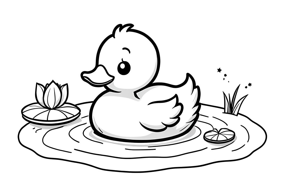 Illustration simple pour livre de coloriage enfant d'un caneton heureux nageant dans un étang, parfait pour les enfants de 3 ans