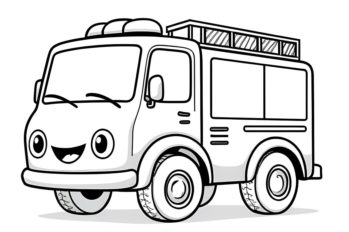 Ilustración simple para colorear para niños de un camión de bomberos sonriente con formas básicas para niños pequeños