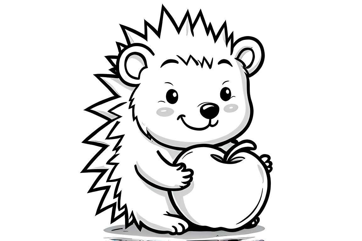 Ilustración simple para libro para colorear infantil de un erizo sonriente sosteniendo una manzana, diseñado para niños pequeños