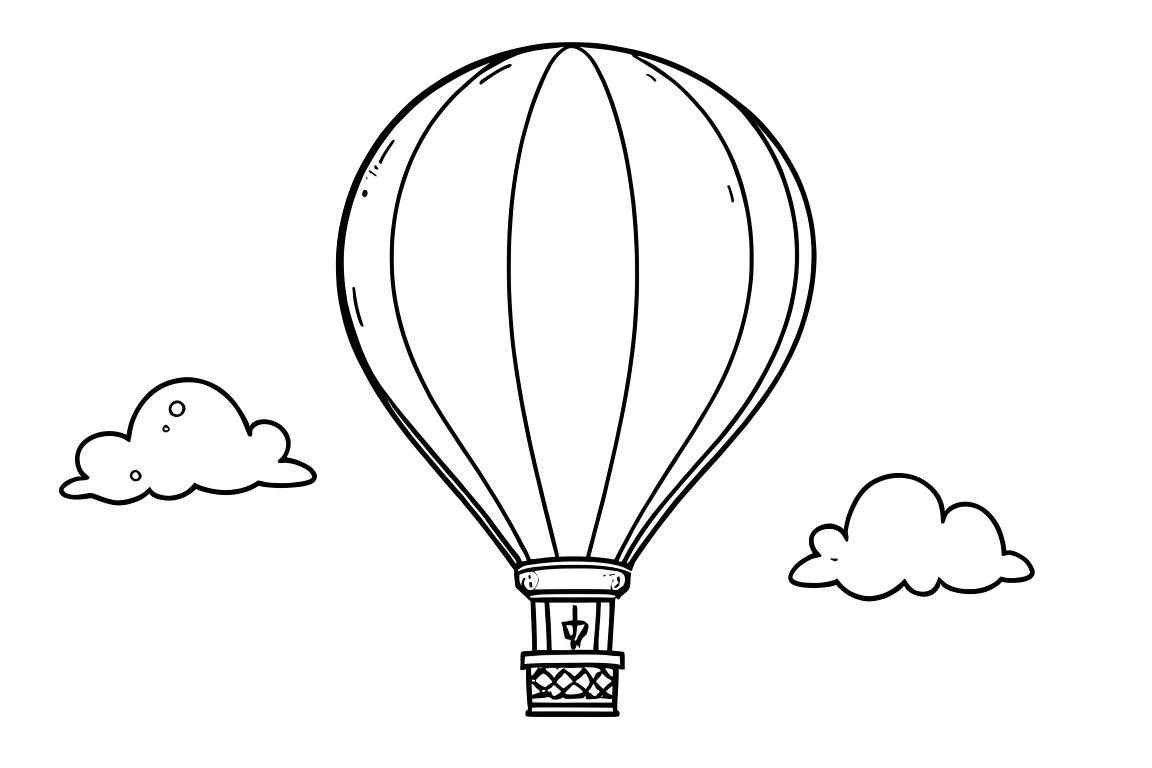 Illustration simple pour livre de coloriage d'enfants d'une montgolfière flottant dans les nuages, parfaite pour les enfants de 3 ans