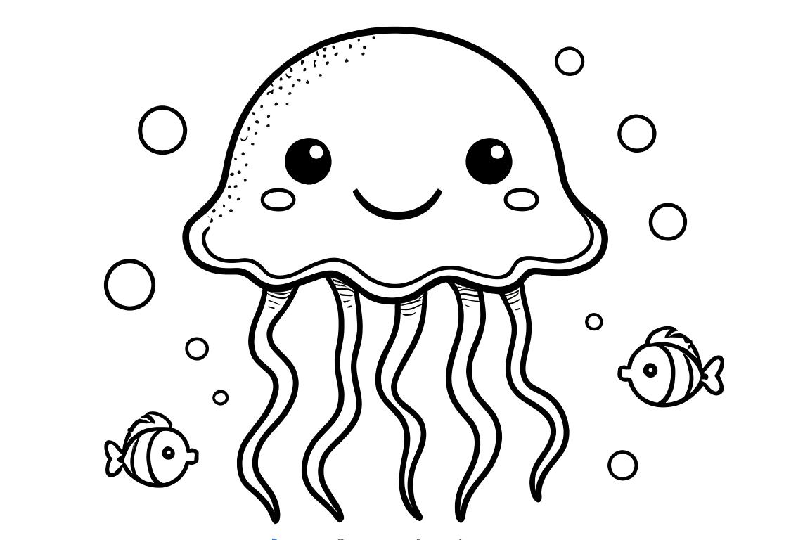 Illustrazione semplice per bambini di una medusa sorridente con tentacoli ondulati, perfetta per bambini di 3 anni