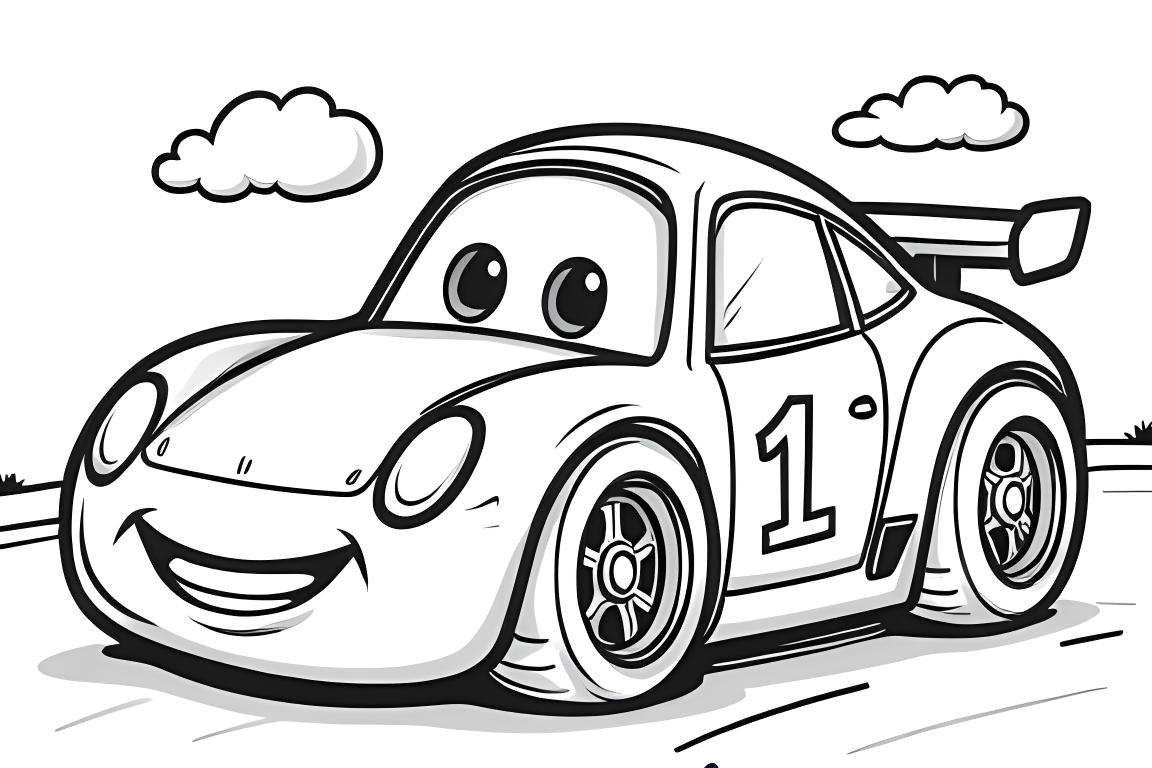 Semplice pagina da colorare per bambini di un'auto da corsa sorridente con grandi ruote per bambini piccoli