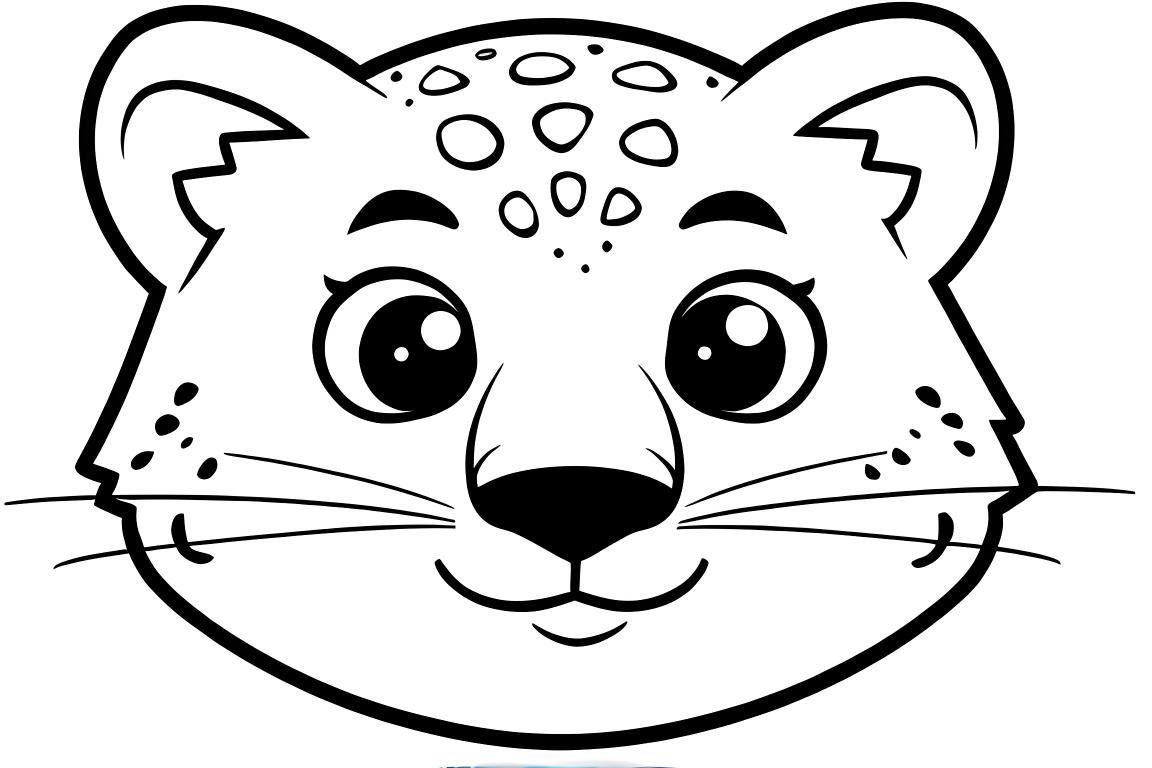Grande e semplice illustrazione da libro da colorare di una faccia felice di leopardo delle nevi progettata per bambini di 3 anni