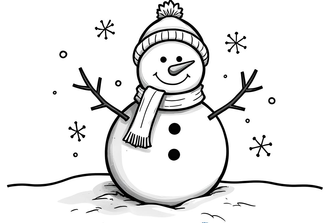 Einfache Kinder-Malbuch-Illustration eines fröhlichen Schneemanns mit Schal, perfekt für 3-jährige Kleinkinder