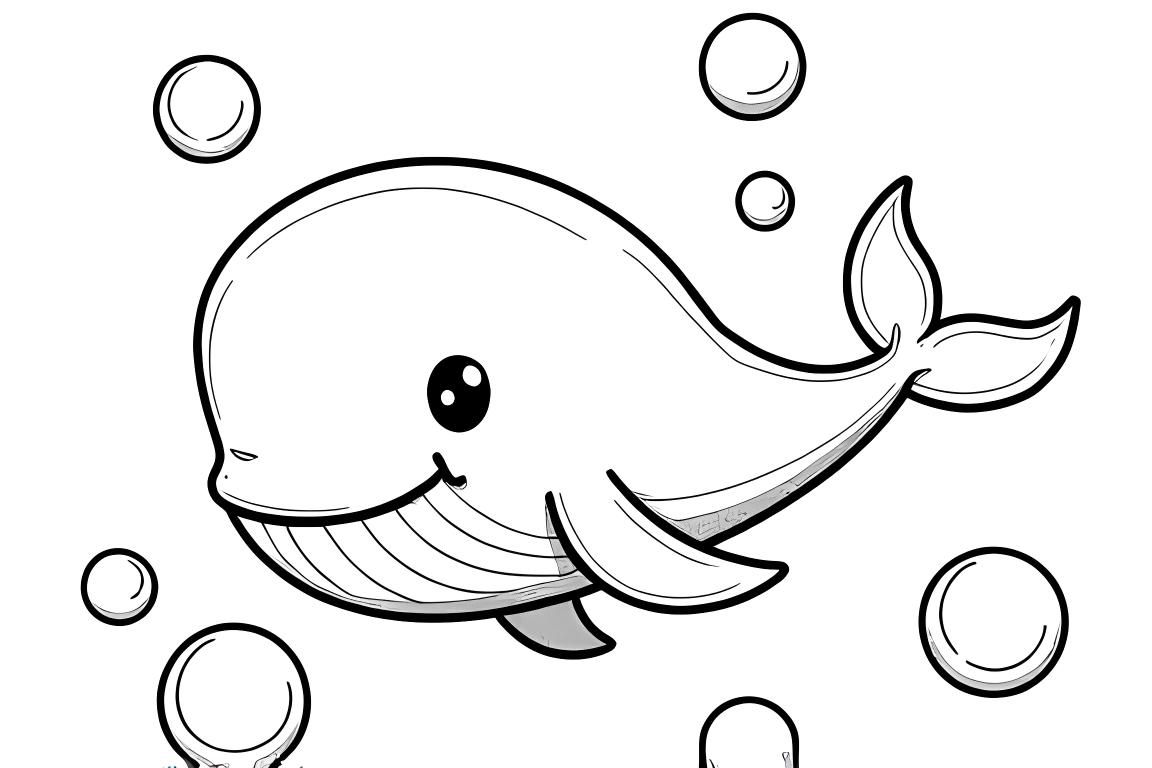 Página simple de libro para colorear para niños que muestra una ballena feliz con burbujas flotantes, perfecta para niños pequeños