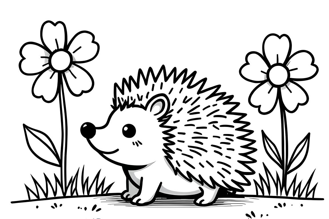 Ilustração simples de livro de colorir de um ouriço em um jardim de flores, projetada para crianças pequenas colorirem facilmente