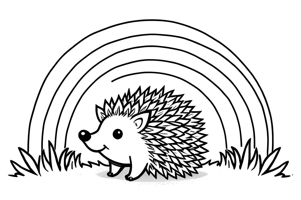 Página fácil de livro de colorir infantil com um ouriço fofo sob um arco-íris, perfeita para crianças de 3 anos