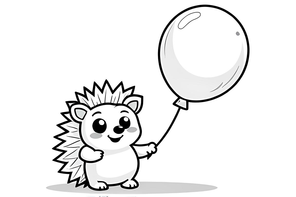 Pagina facile di libro da colorare per bambini con un riccio felice con un palloncino, perfetta per bimbi di 3 anni