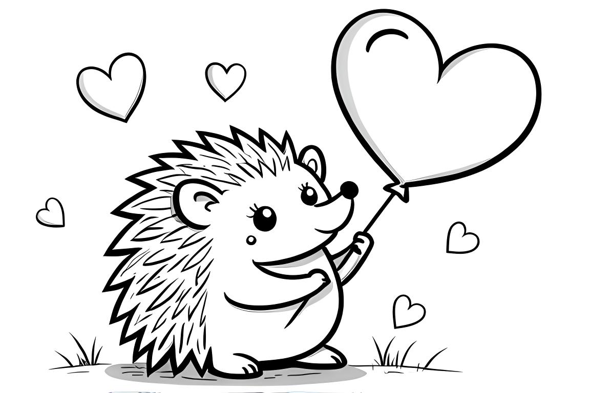 Ilustração doce de livro de colorir infantil de um ouriço com balão em forma de coração, projetada para crianças pequenas