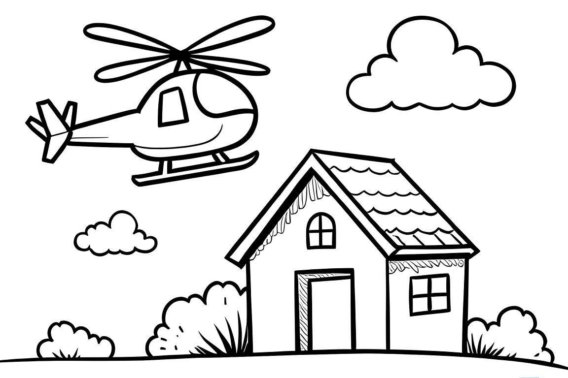 Page simple de livre de coloriage pour enfants montrant un hélicoptère volant au-dessus d'une maison basique, parfaite pour la reconnaissance du quartier chez les enfants de 3 ans