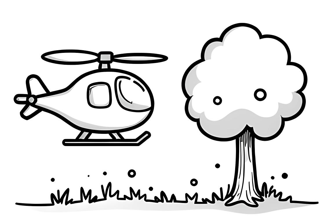 Ilustração simples para livro de colorir infantil de um helicóptero voando perto de uma árvore básica, perfeita para aprendizado de natureza e transporte para crianças de 3 anos