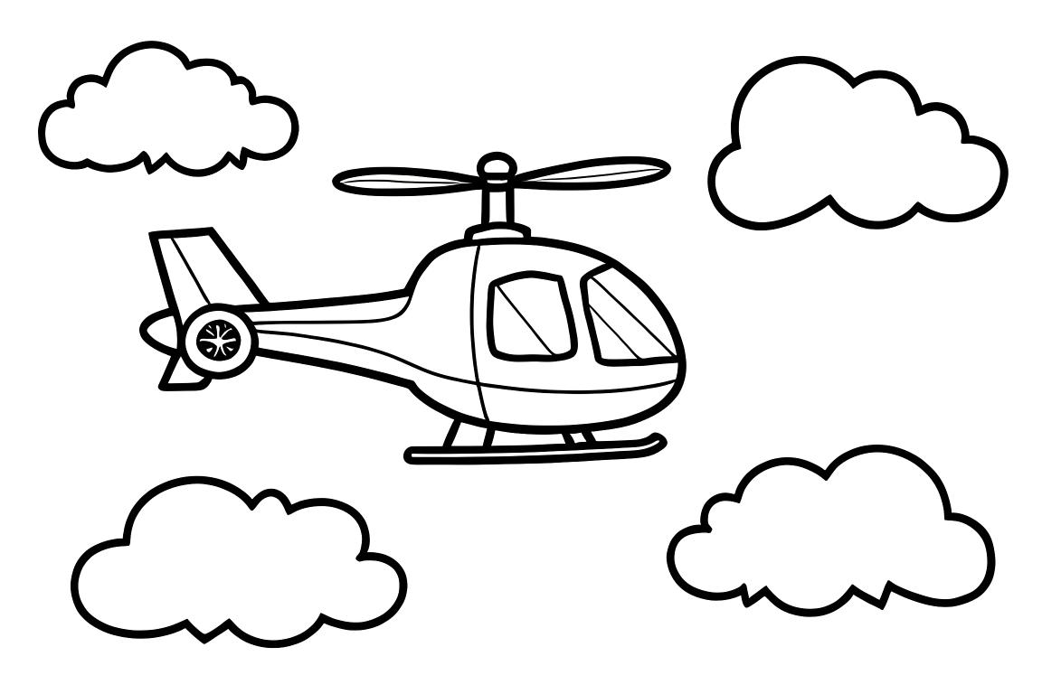Pagina pacifica di libro da colorare per bambini che mostra un semplice elicottero che vola tra nuvole basilari, ideale per l'esplorazione del cielo di bambini di 3 anni