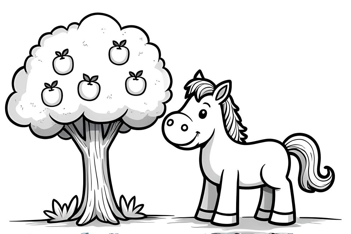 Page de livre de coloriage pour enfants simple montrant un cheval amical près d'un pommier, conçue pour les tout-petits.