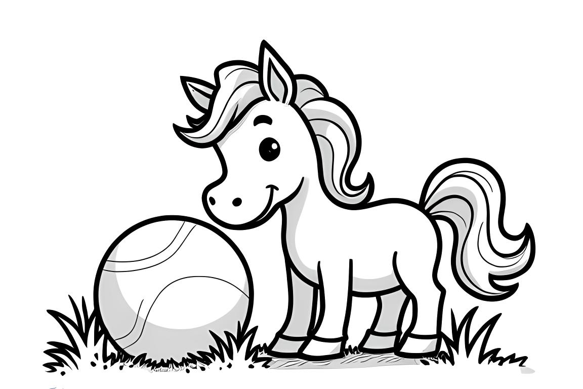 Pagina semplice di un libro da colorare per bambini di un cavallo che gioca con una palla, progettata per i bambini piccoli.