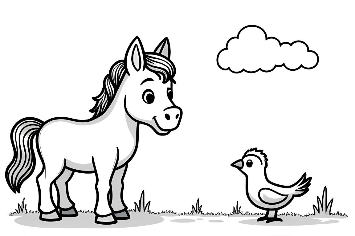 Ilustración simple de un libro de colorear infantil de un caballo encontrándose con un pájaro, perfecto para niños pequeños.