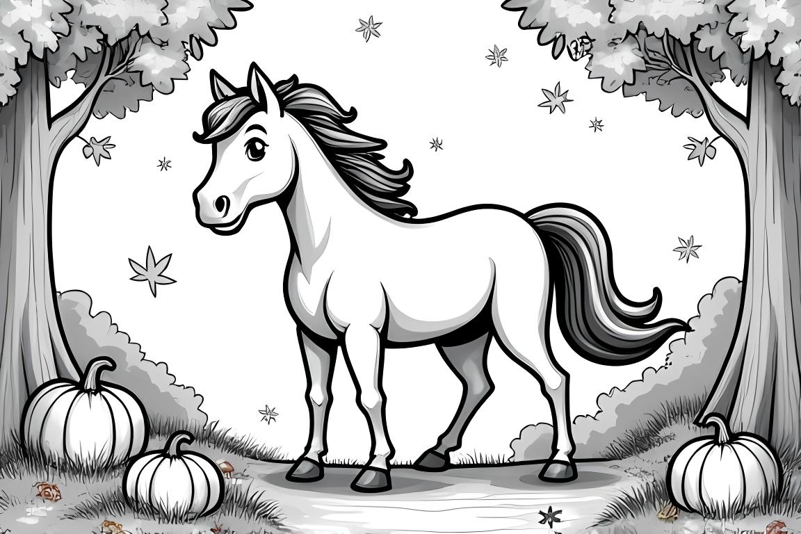 Ilustración de un libro para colorear de un caballo jugando con hojas de otoño en un entorno de otoño.