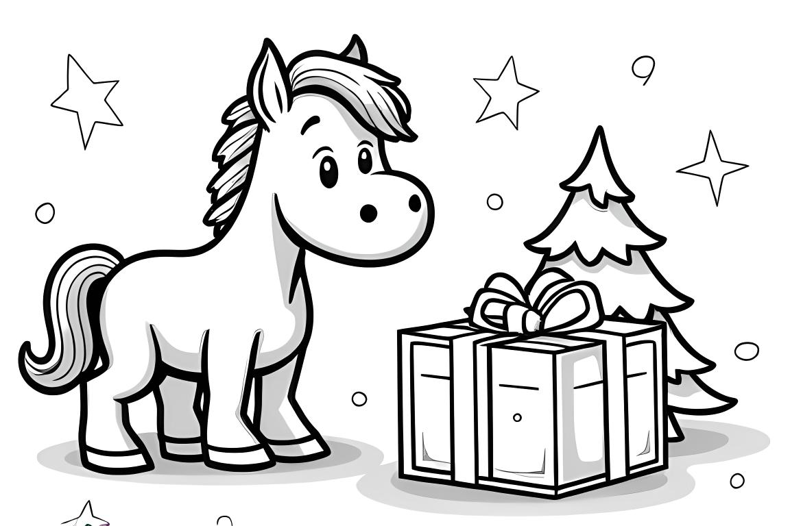Ilustración simple de un libro para colorear para niños de un caballo con un regalo de Navidad y un árbol, perfecto para los más pequeños