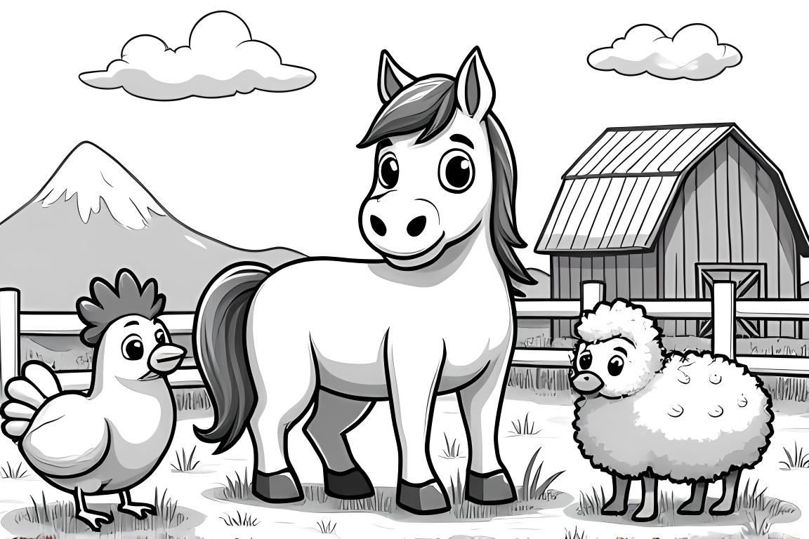 Illustration d'un livre de coloriage pour enfants d'un cheval avec des amis animaux de la ferme dans un cadre de grange.