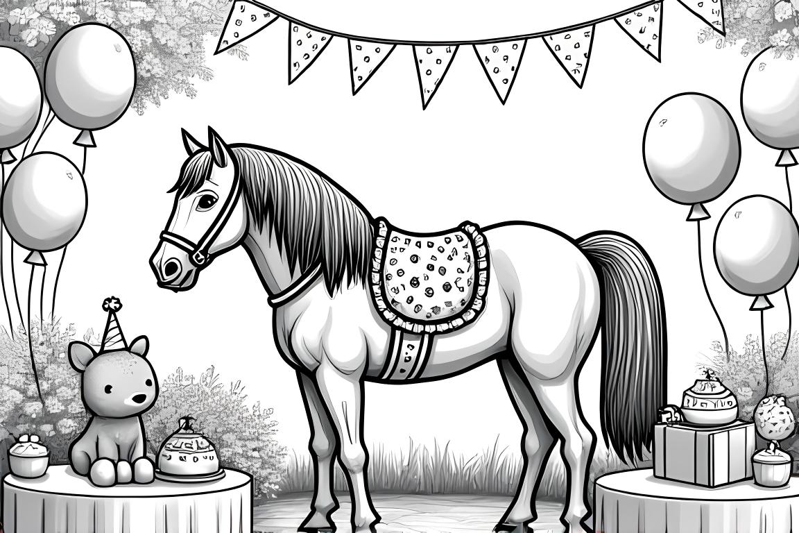 Illustrazione di un libro da colorare per bambini di un cavallo a una festa in giardino con decorazioni e amici animali.