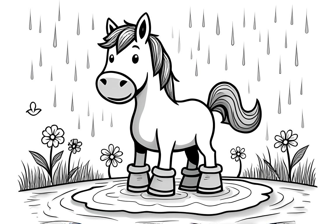 Ilustração de livro de colorir infantil de um cavalo brincando na chuva com botas e guarda-chuvas.