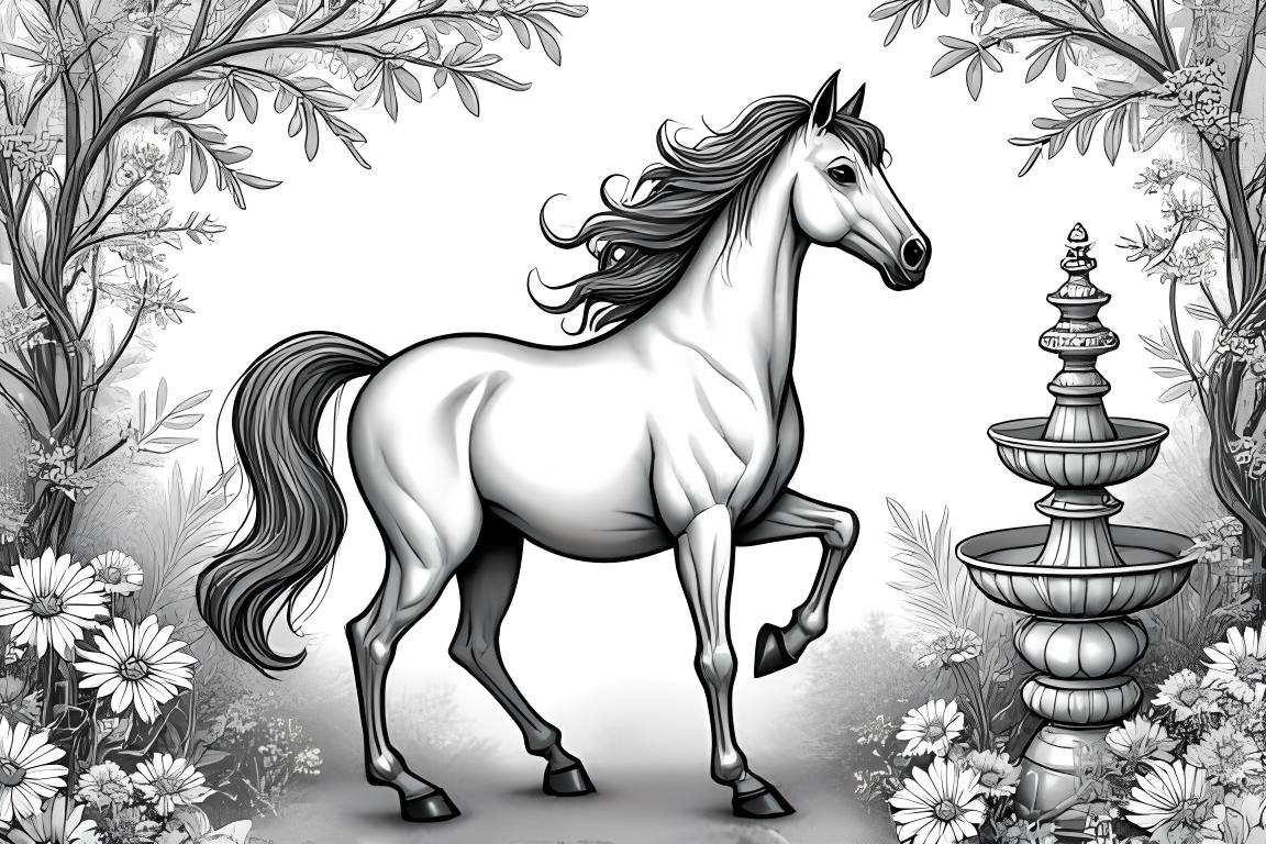 Ilustração detalhada de livro de colorir infantil de um cavalo em um jardim mágico com padrões intrincados.