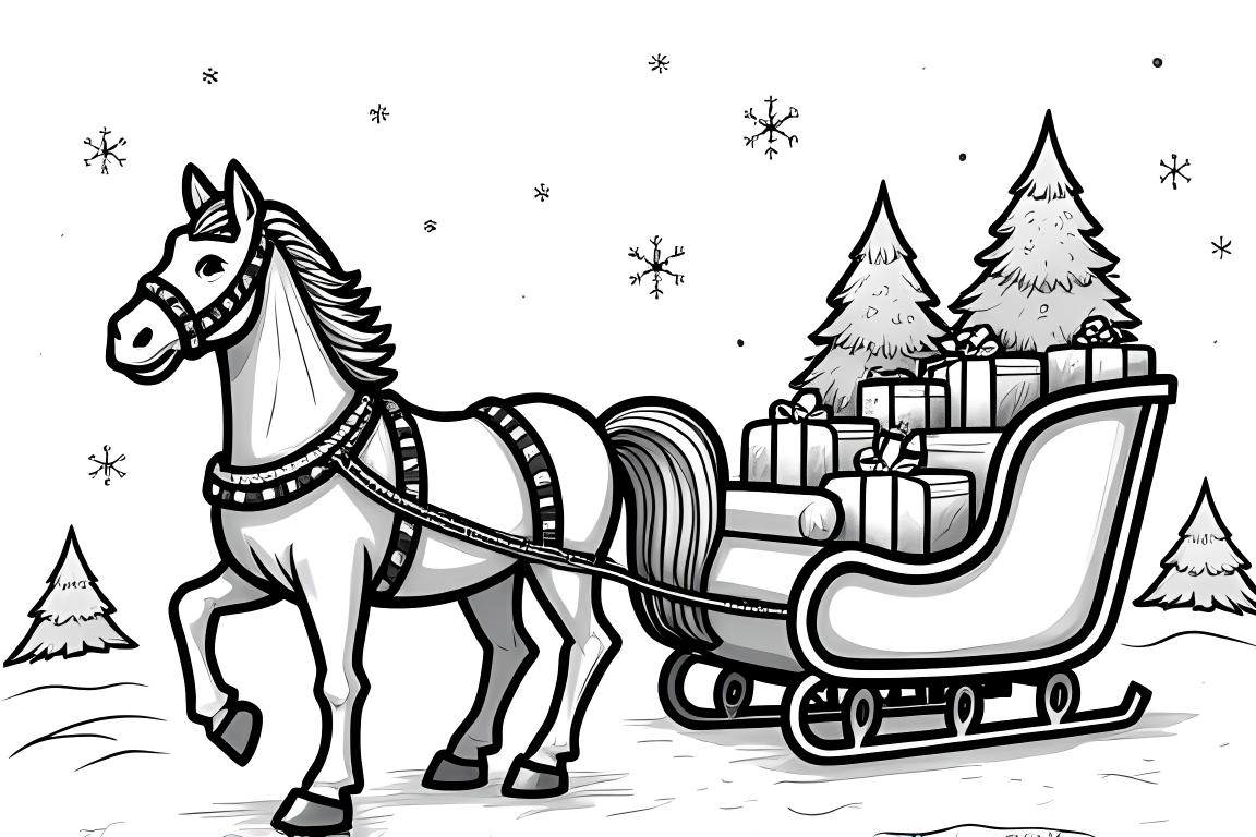 Pagina da colorare dei bambini con un cavallo che tira una slitta di Natale con regali
