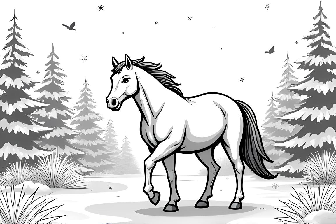 Illustrazione di un libro da colorare per bambini di un cavallo in un bellissimo paesaggio invernale con neve che cade.