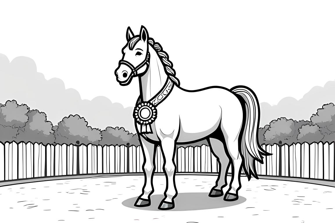 Illustration d'un livre de coloriage pour enfants d'un cheval fier portant un ruban de champion lors d'un spectacle équestre.