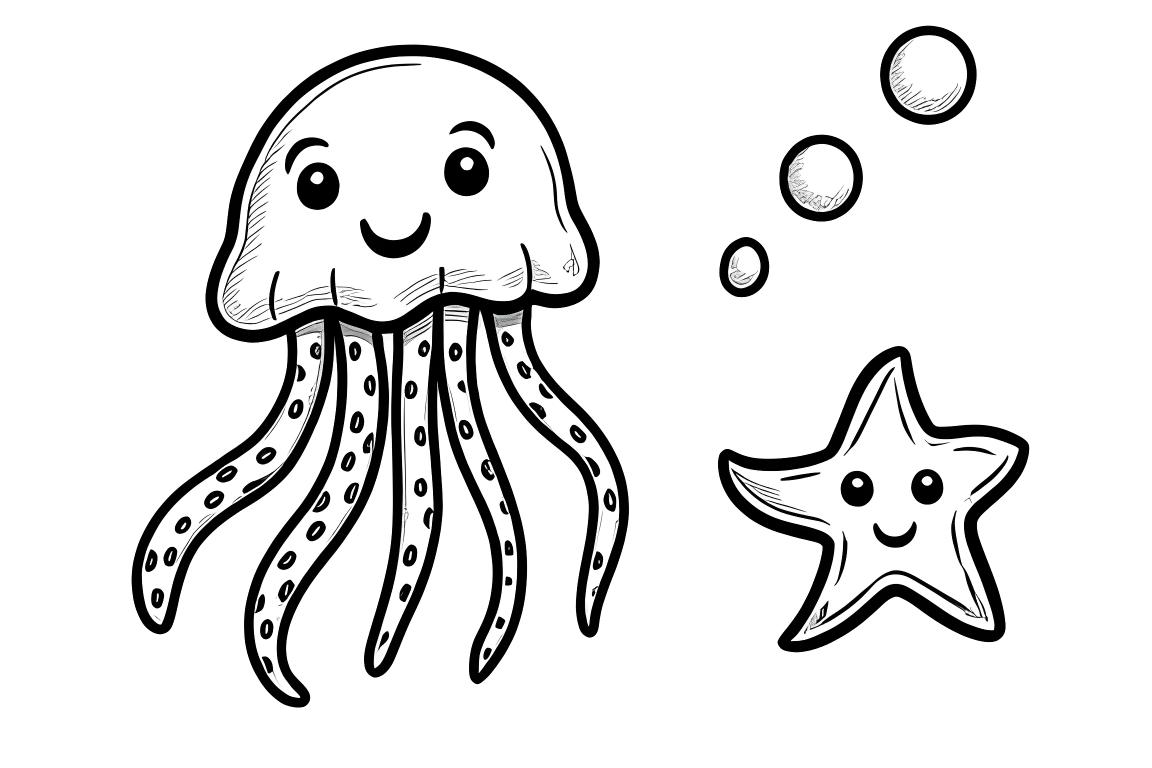 Pagina da colorare semplice per bambini che presenta una medusa amichevole e una stella di mare con grandi spazi facili da colorare