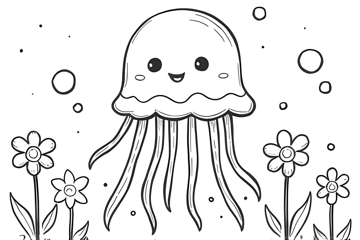 Pagina da colorare pacifica per bambini che mostra una medusa che galleggia tra fiori semplici sott'acqua, progettata per bambini piccoli