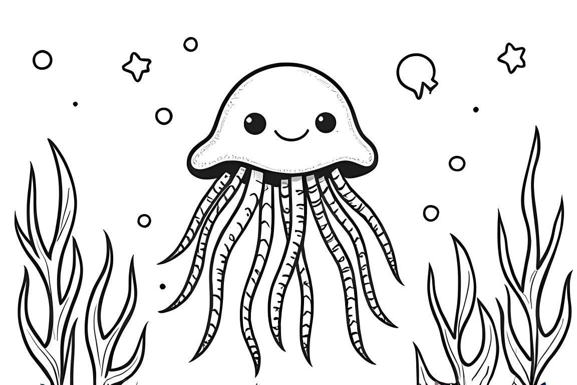 Ilustración simple para libro para colorear de niños de una medusa nadando a través de un jardín submarino, perfecta para niños pequeños