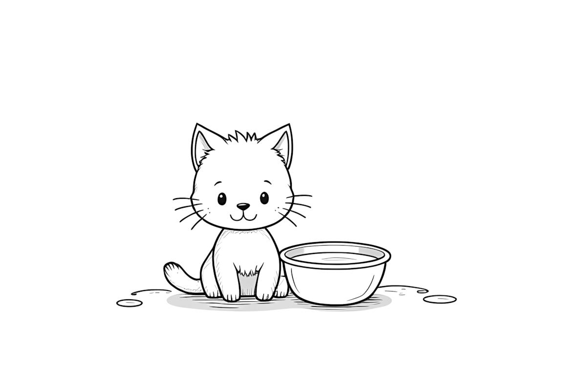 Pagina semplice di un libro da colorare di un gattino con ciotola di latte per bambini