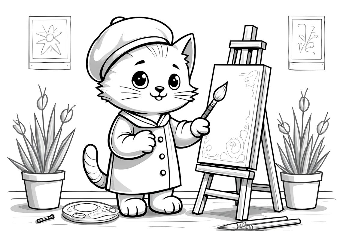 Ilustración de libro para colorear de un gatito artista pintando en un caballete