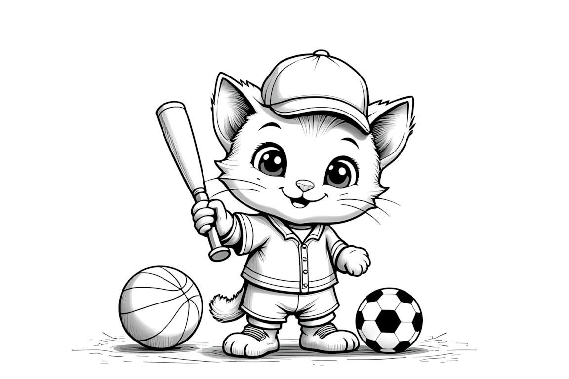 涂色书插图,运动小猫与各种运动器材