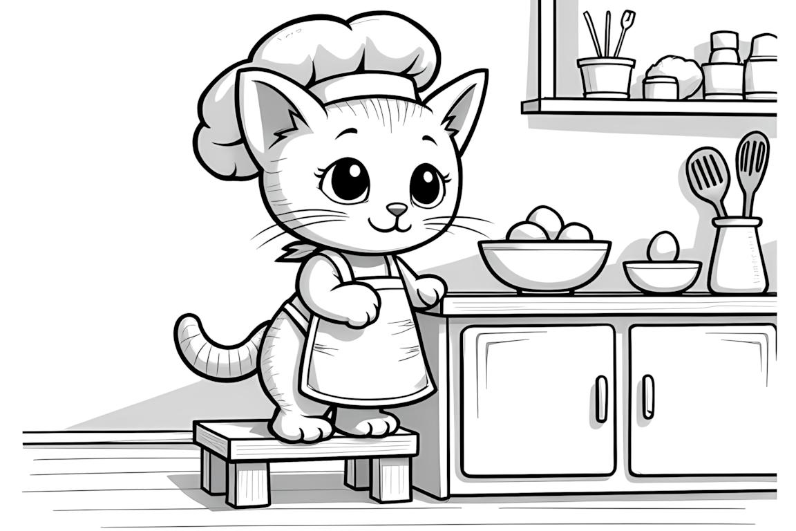 Illustrazione di un libro da colorare di un gattino cuoco che cucina in cucina