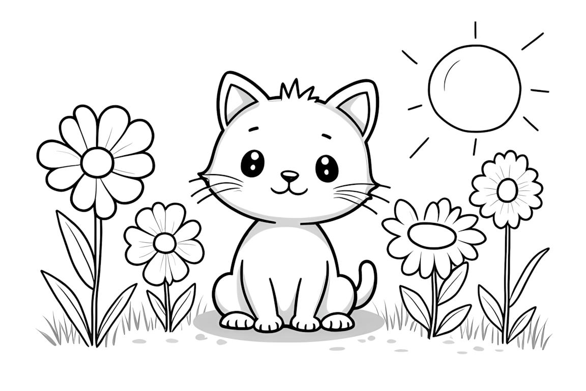 Ilustração simples de livro de colorir de gatinho no jardim de flores para crianças pequenas
