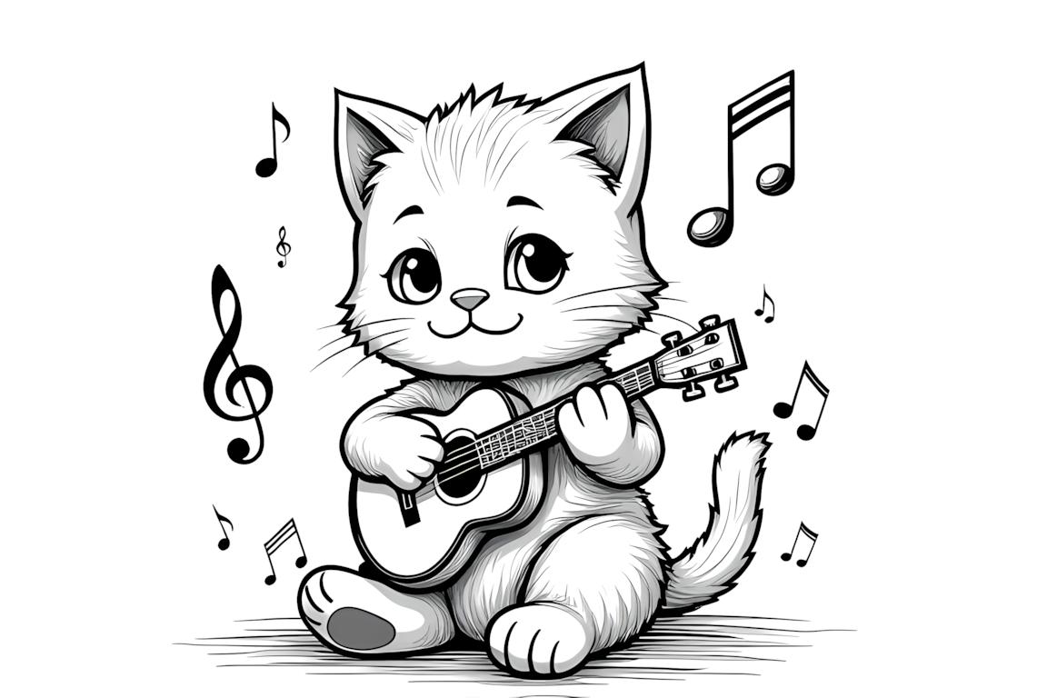 Ilustración de libro para colorear de un gatito tocando un instrumento musical con notas musicales