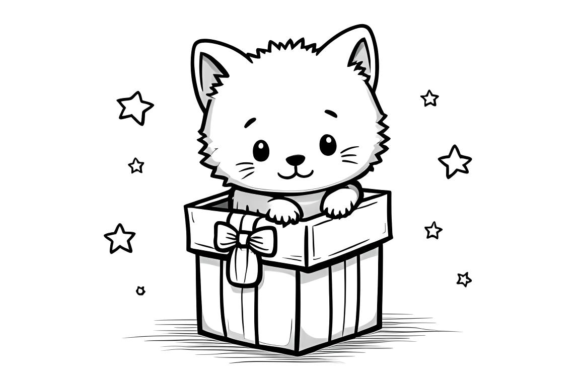 Página infantil simple de colorear de un lindo gatito en una caja de regalo de Navidad
