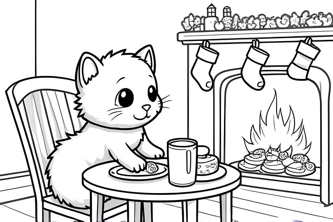 Kinder-Ausmalillustration eines Kätzchens mit Weihnachtsplätzchen am Kamin
