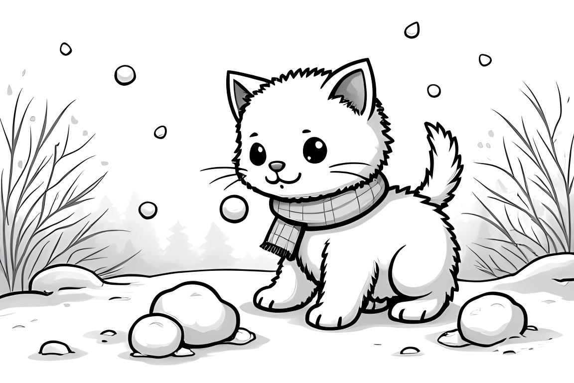 Pagina da colorare di un gattino che gioca nella neve indossando una sciarpa invernale