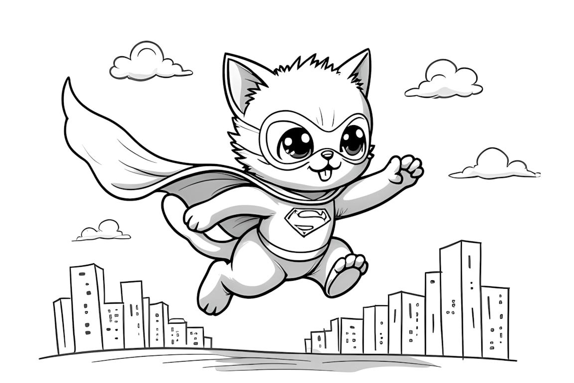 Illustration de livre de coloriage de brave chaton super-héros volant au-dessus de la ville