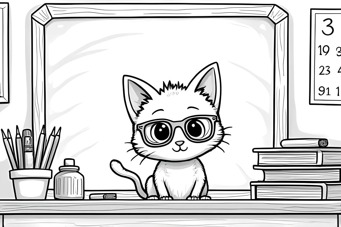 Illustrazione di un libro da colorare di un gattino insegnante in aula