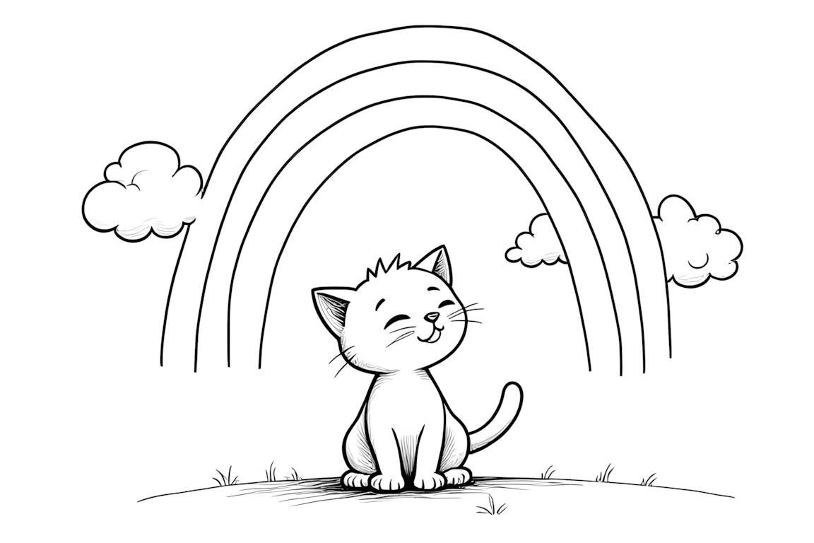 Illustration de livre de coloriage simple d'un mignon chaton sous l'arc-en-ciel pour les tout-petits