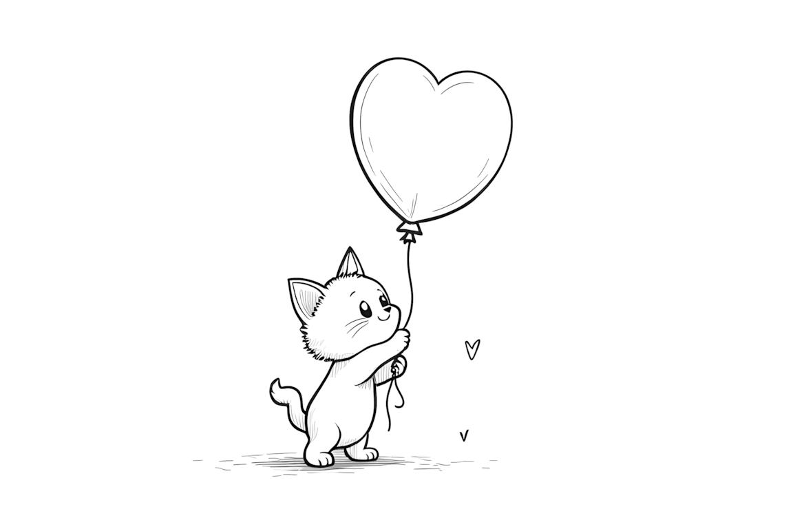 Page de livre de coloriage simple d'un chaton tenant un ballon pour les tout-petits