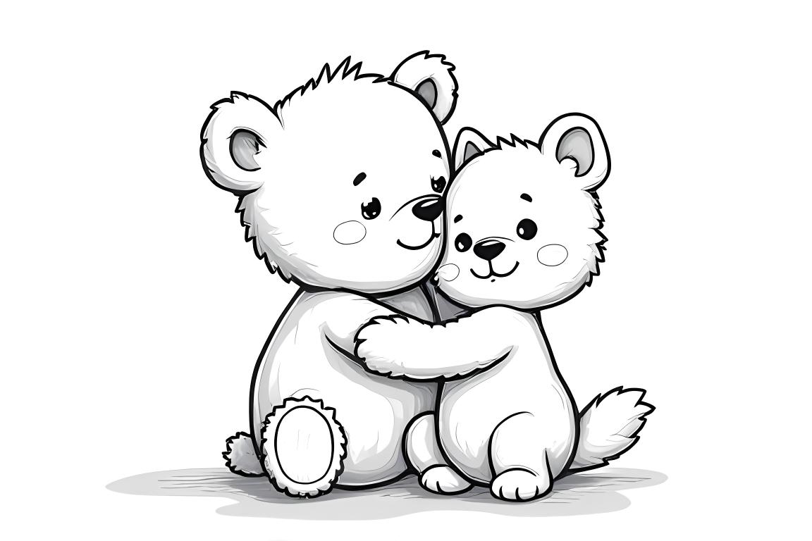 Pagina semplice di un libro da colorare di un gattino che abbraccia l'orsetto di peluche per bambini